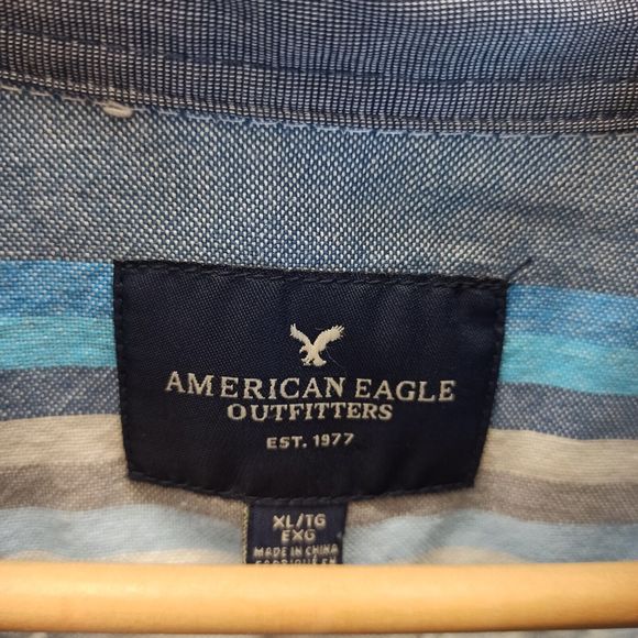 American Eagle Shirt Men XLarge Blue Striped Casual Button Up Collar Long Sleeve - Picture 4 of 8